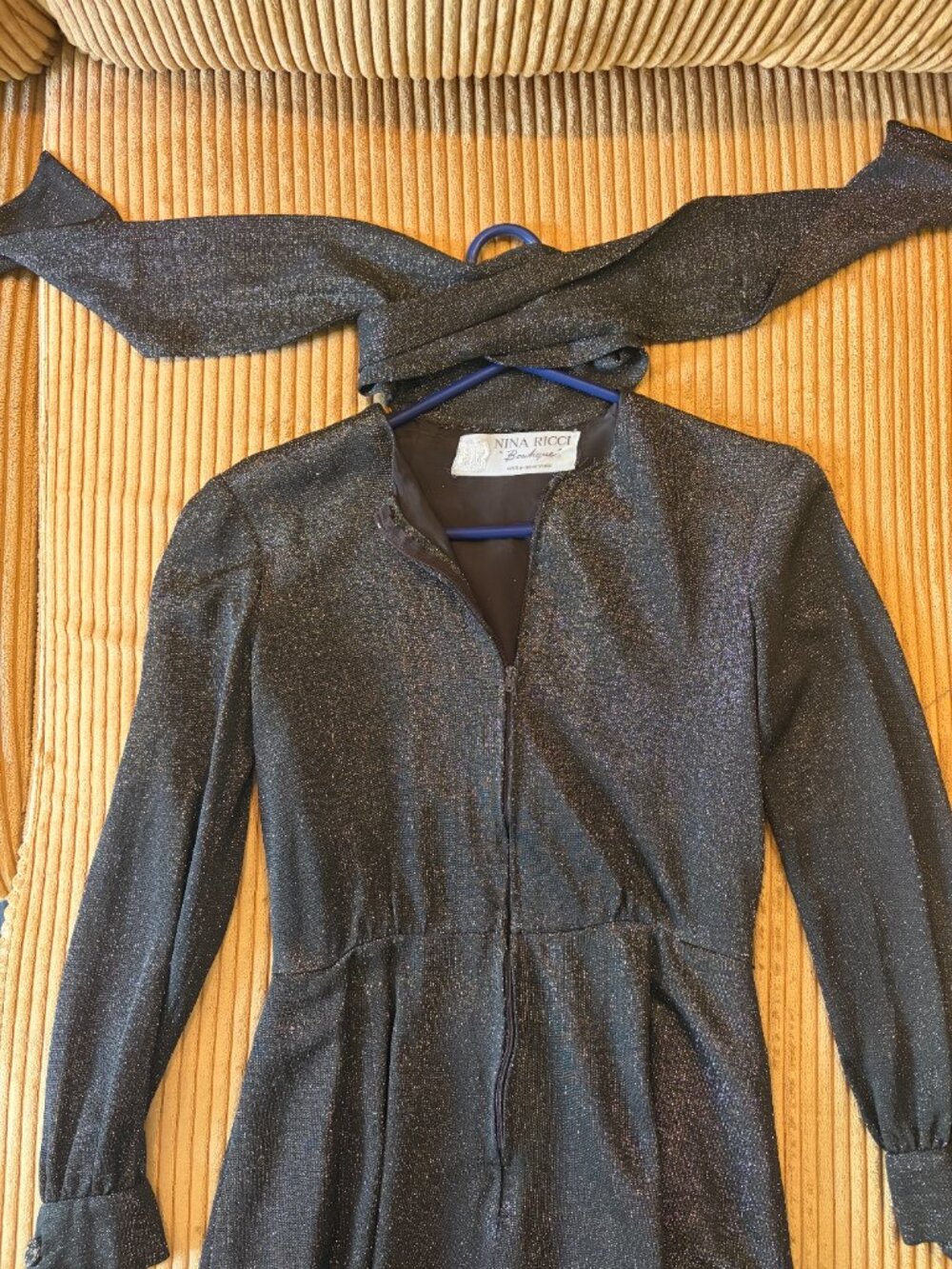 Vintage Nina Ricci Boutique Metallic Lurex Scarf Neck Dress 60s 70s Vintage